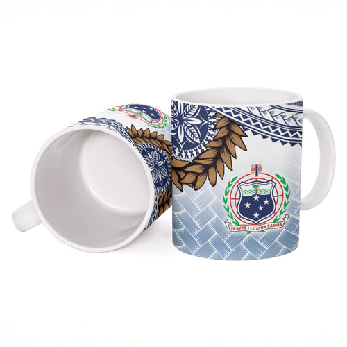 Manu Samoa Rugby Custom White Ceramic Mug ʻIe Toga Pattern With Brown Ula fala