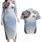 Manu Samoa Rugby Custom White Couples Matching Long Sleeve Bodycon Dress and Hawaiian Shirt ʻIe Toga Pattern With Brown Ula fala