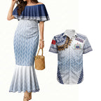 Manu Samoa Rugby Custom White Couples Matching Mermaid Dress and Hawaiian Shirt ʻIe Toga Pattern With Brown Ula fala
