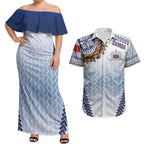 Manu Samoa Rugby Custom White Couples Matching Off Shoulder Maxi Dress and Hawaiian Shirt ʻIe Toga Pattern With Brown Ula fala