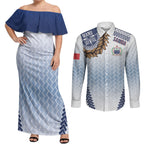 Manu Samoa Rugby Custom White Couples Matching Off Shoulder Maxi Dress and Long Sleeve Button Shirt ʻIe Toga Pattern With Brown Ula fala