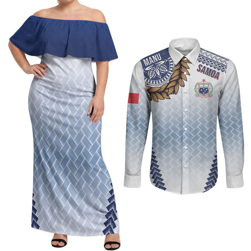 Manu Samoa Rugby Custom White Couples Matching Off Shoulder Maxi Dress and Long Sleeve Button Shirt ʻIe Toga Pattern With Brown Ula fala