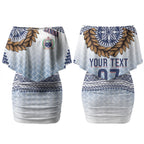 Manu Samoa Rugby Custom White Couples Matching Off Shoulder Short Dress and Hawaiian Shirt ʻIe Toga Pattern With Brown Ula fala