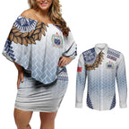 Manu Samoa Rugby Custom White Couples Matching Off Shoulder Short Dress and Long Sleeve Button Shirt ʻIe Toga Pattern With Brown Ula fala