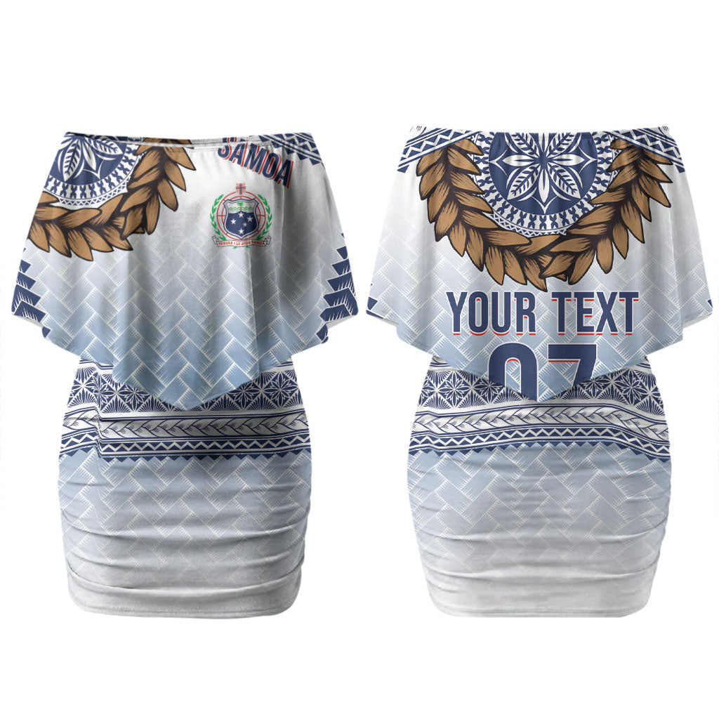 Manu Samoa Rugby Custom White Couples Matching Off Shoulder Short Dress and Long Sleeve Button Shirt ʻIe Toga Pattern With Brown Ula fala