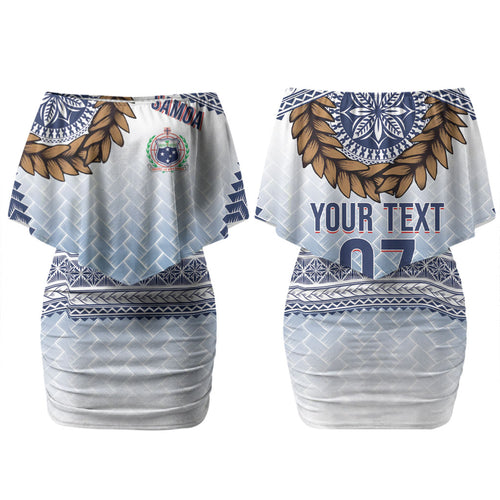 Manu Samoa Rugby Custom White Couples Matching Off Shoulder Short Dress and Long Sleeve Button Shirt ʻIe Toga Pattern With Brown Ula fala