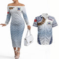 Manu Samoa Rugby Custom White Couples Matching Off The Shoulder Long Sleeve Dress and Hawaiian Shirt ʻIe Toga Pattern With Brown Ula fala