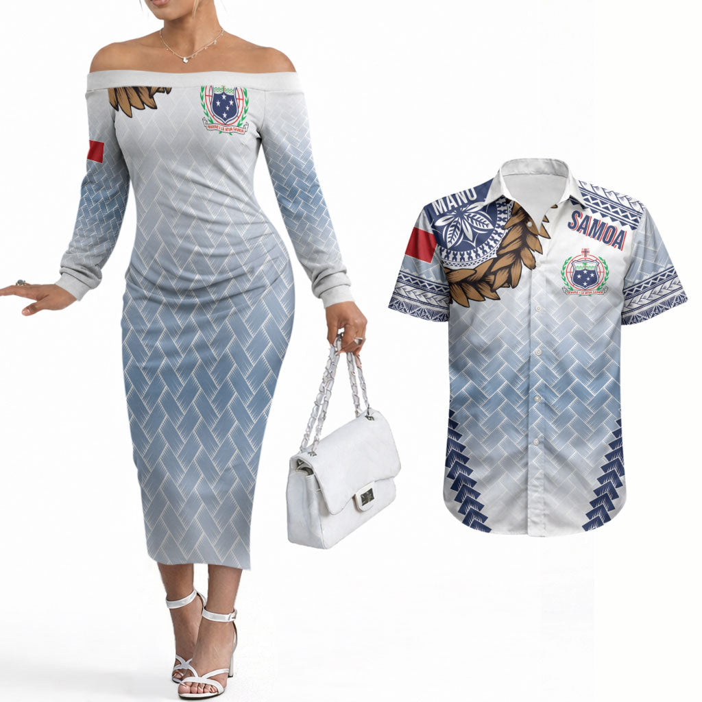 Manu Samoa Rugby Custom White Couples Matching Off The Shoulder Long Sleeve Dress and Hawaiian Shirt ʻIe Toga Pattern With Brown Ula fala