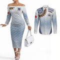 Manu Samoa Rugby Custom White Couples Matching Off The Shoulder Long Sleeve Dress and Long Sleeve Button Shirt ʻIe Toga Pattern With Brown Ula fala