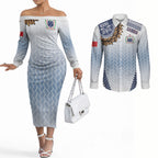 Manu Samoa Rugby Custom White Couples Matching Off The Shoulder Long Sleeve Dress and Long Sleeve Button Shirt ʻIe Toga Pattern With Brown Ula fala