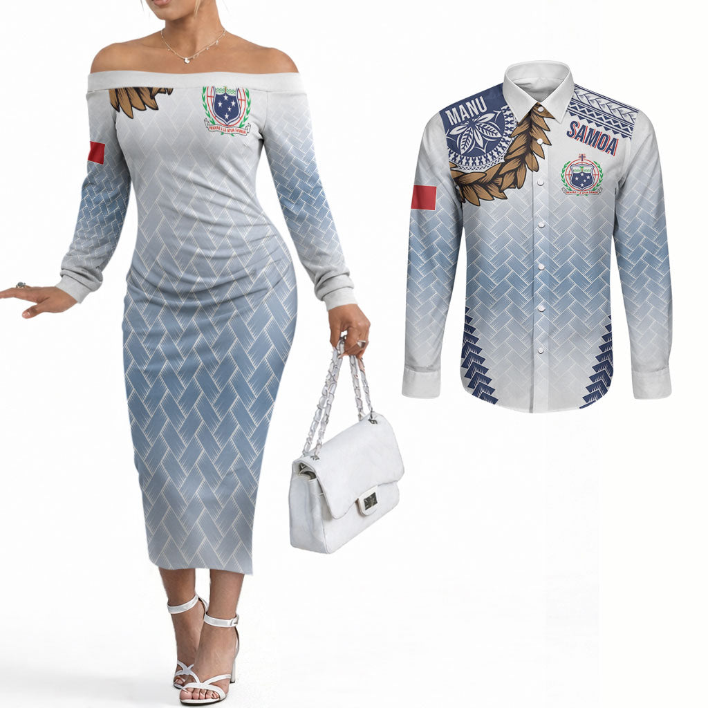 Manu Samoa Rugby Custom White Couples Matching Off The Shoulder Long Sleeve Dress and Long Sleeve Button Shirt ʻIe Toga Pattern With Brown Ula fala