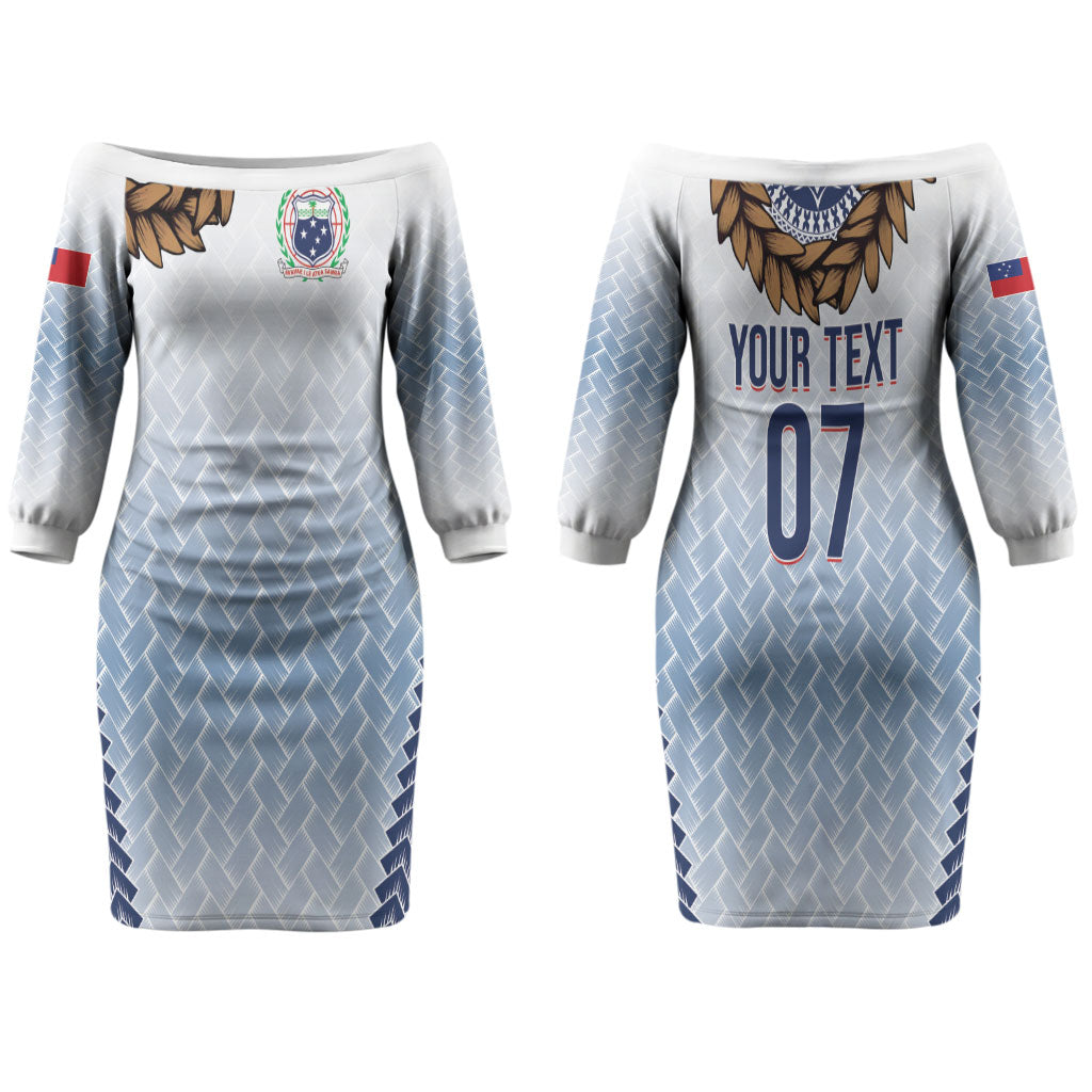 Manu Samoa Rugby Custom White Couples Matching Off The Shoulder Long Sleeve Dress and Long Sleeve Button Shirt ʻIe Toga Pattern With Brown Ula fala