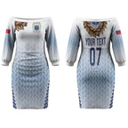 Manu Samoa Rugby Custom White Couples Matching Off The Shoulder Long Sleeve Dress and Long Sleeve Button Shirt ʻIe Toga Pattern With Brown Ula fala