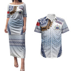 Manu Samoa Rugby Custom White Couples Matching Puletasi and Hawaiian Shirt ʻIe Toga Pattern With Brown Ula fala