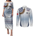 Manu Samoa Rugby Custom White Couples Matching Puletasi and Long Sleeve Button Shirt ʻIe Toga Pattern With Brown Ula fala
