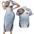 Manu Samoa Rugby Custom White Couples Matching Short Sleeve Bodycon Dress and Hawaiian Shirt ʻIe Toga Pattern With Brown Ula fala