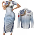 Manu Samoa Rugby Custom White Couples Matching Short Sleeve Bodycon Dress and Long Sleeve Button Shirt ʻIe Toga Pattern With Brown Ula fala