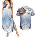 Manu Samoa Rugby Custom White Couples Matching Summer Maxi Dress and Hawaiian Shirt ʻIe Toga Pattern With Brown Ula fala