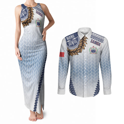 Manu Samoa Rugby Custom White Couples Matching Tank Maxi Dress and Long Sleeve Button Shirt ʻIe Toga Pattern With Brown Ula fala