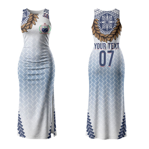 Manu Samoa Rugby Custom White Couples Matching Tank Maxi Dress and Long Sleeve Button Shirt ʻIe Toga Pattern With Brown Ula fala