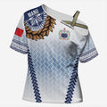 Manu Samoa Rugby Custom White Cross Shoulder Shirt ʻIe Toga Pattern With Brown Ula fala
