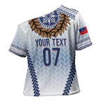 Manu Samoa Rugby Custom White Cross Shoulder Shirt ʻIe Toga Pattern With Brown Ula fala