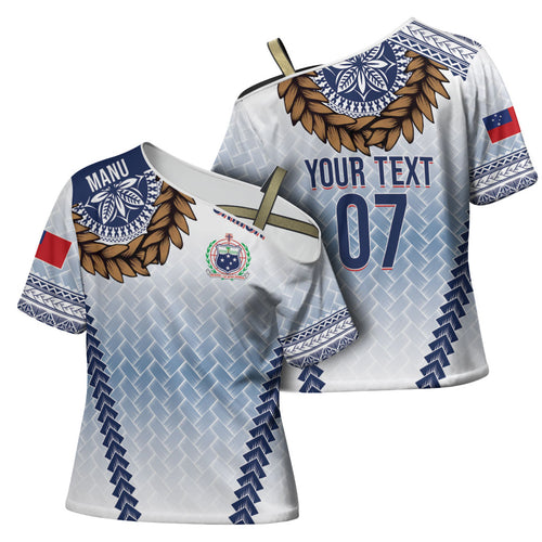 Manu Samoa Rugby Custom White Cross Shoulder Shirt ʻIe Toga Pattern With Brown Ula fala