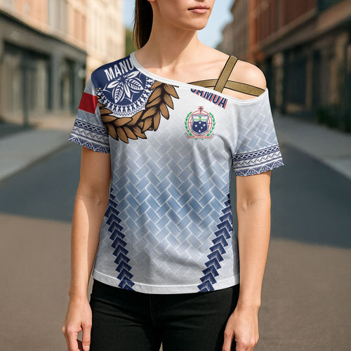 Manu Samoa Rugby Custom White Cross Shoulder Shirt ʻIe Toga Pattern With Brown Ula fala