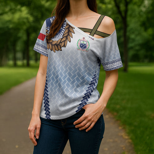 Manu Samoa Rugby Custom White Cross Shoulder Shirt ʻIe Toga Pattern With Brown Ula fala