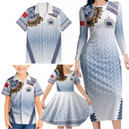 Manu Samoa Rugby Custom White Family Matching Long Sleeve Bodycon Dress and Hawaiian Shirt ʻIe Toga Pattern With Brown Ula fala