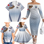Manu Samoa Rugby Custom White Family Matching Off The Shoulder Long Sleeve Dress and Hawaiian Shirt ʻIe Toga Pattern With Brown Ula fala