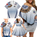 Manu Samoa Rugby Custom White Family Matching Off Shoulder Short Dress and Hawaiian Shirt ʻIe Toga Pattern With Brown Ula fala