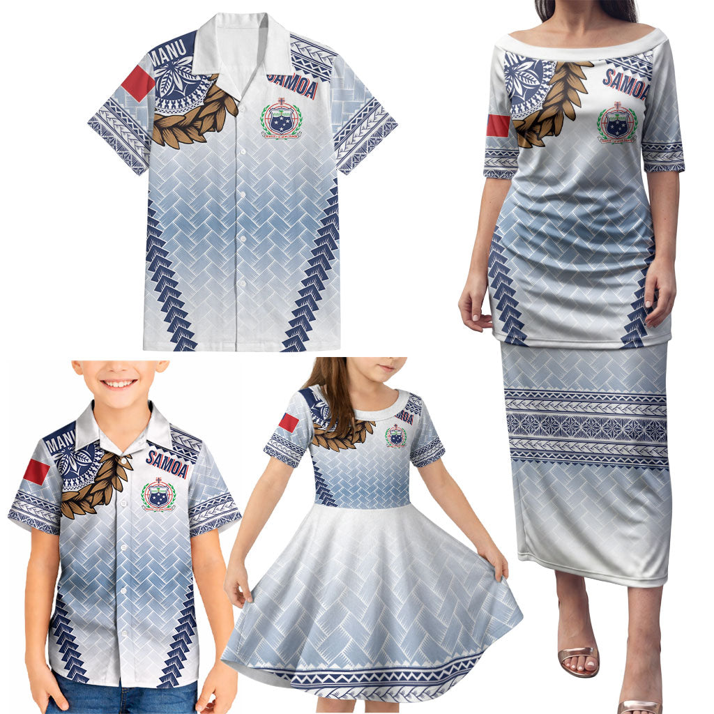 Manu Samoa Rugby Custom White Family Matching Puletasi and Hawaiian Shirt ʻIe Toga Pattern With Brown Ula fala