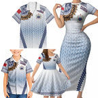 Manu Samoa Rugby Custom White Family Matching Short Sleeve Bodycon Dress and Hawaiian Shirt ʻIe Toga Pattern With Brown Ula fala