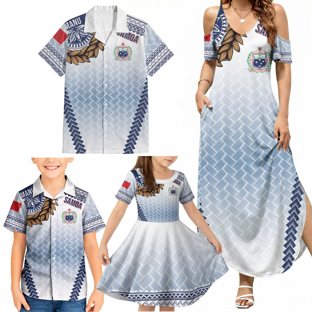Manu Samoa Rugby Custom White Family Matching Summer Maxi Dress and Hawaiian Shirt ʻIe Toga Pattern With Brown Ula fala