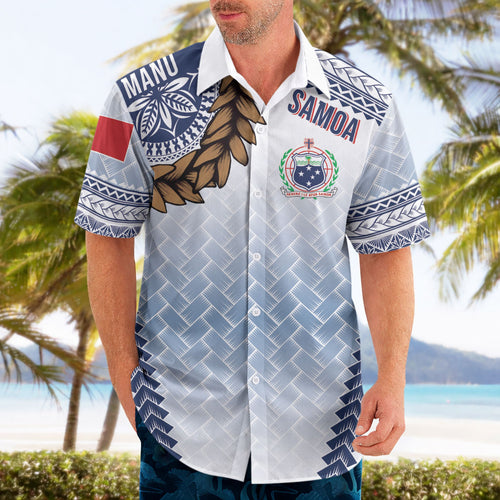 Manu Samoa Rugby Custom White Hawaiian Shirt ʻIe Toga Pattern With Brown Ula fala