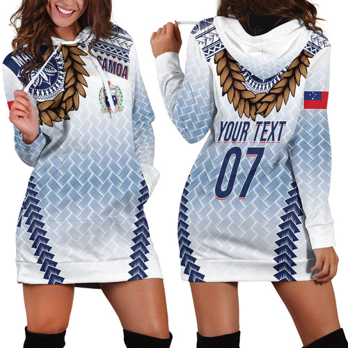 Manu Samoa Rugby Custom White Hoodie Dress ʻIe Toga Pattern With Brown Ula fala