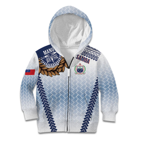Manu Samoa Rugby Custom White Kid Hoodie ʻIe Toga Pattern With Brown Ula fala