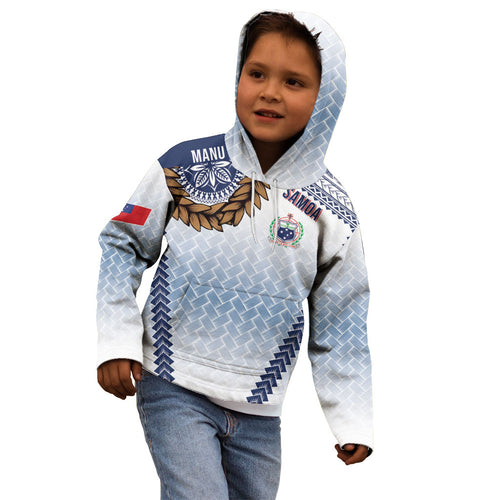 Manu Samoa Rugby Custom White Kid Hoodie ʻIe Toga Pattern With Brown Ula fala