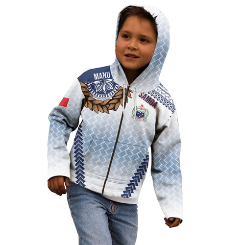 Manu Samoa Rugby Custom White Kid Hoodie ʻIe Toga Pattern With Brown Ula fala