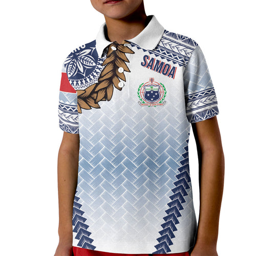 Manu Samoa Rugby Custom White Kid Polo Shirt ʻIe Toga Pattern With Brown Ula fala
