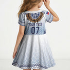 Manu Samoa Rugby Custom White Kid Short Sleeve Dress ʻIe Toga Pattern With Brown Ula fala