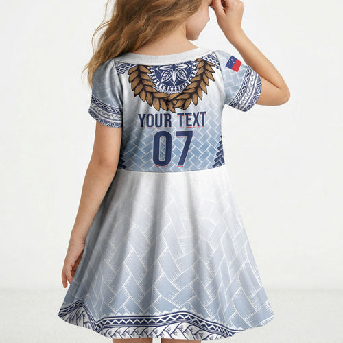 Manu Samoa Rugby Custom White Kid Short Sleeve Dress ʻIe Toga Pattern With Brown Ula fala