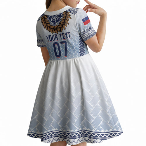 Manu Samoa Rugby Custom White Kid Short Sleeve Dress ʻIe Toga Pattern With Brown Ula fala
