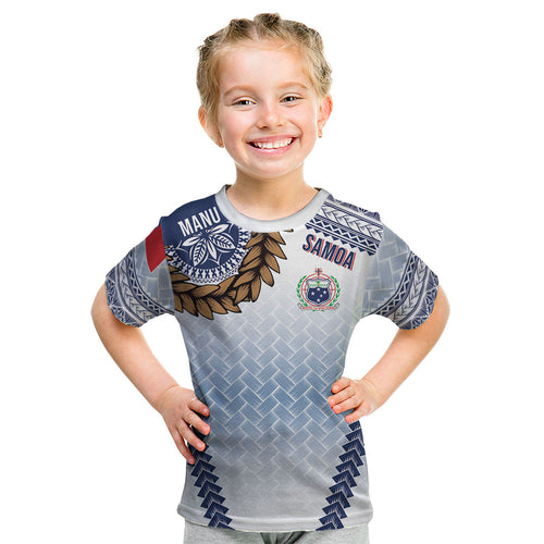 Manu Samoa Rugby Custom White Kid T Shirt ʻIe Toga Pattern With Brown Ula fala