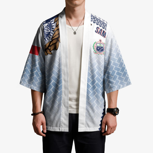 Manu Samoa Rugby Custom White Kimono ʻIe Toga Pattern With Brown Ula fala
