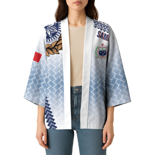 Manu Samoa Rugby Custom White Kimono ʻIe Toga Pattern With Brown Ula fala