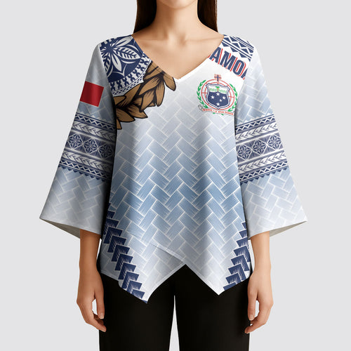 Manu Samoa Rugby Custom White Kimono Sleeve Blouse ʻIe Toga Pattern With Brown Ula fala