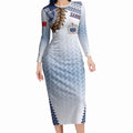 Manu Samoa Rugby Custom White Long Sleeve Bodycon Dress ʻIe Toga Pattern With Brown Ula fala