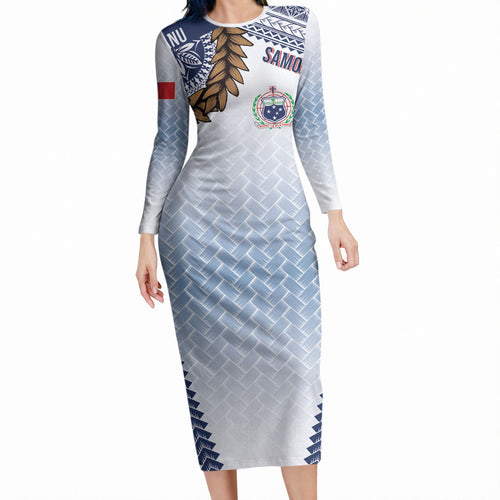 Manu Samoa Rugby Custom White Long Sleeve Bodycon Dress ʻIe Toga Pattern With Brown Ula fala